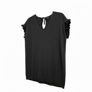 Ann Taylor Factory Black V-Neck Sweater Top with Ruffle Sleeves & Tie-Back – Med